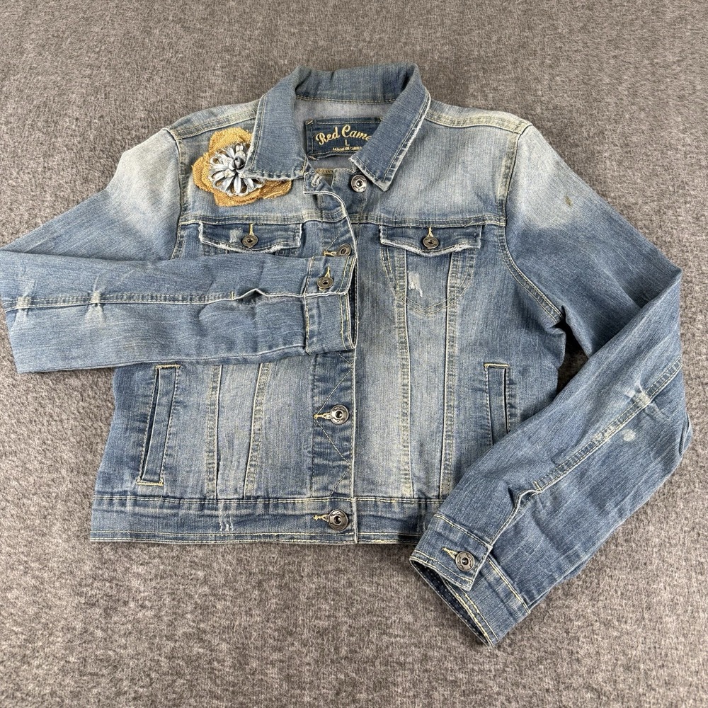 Red Camel Womens L Denim Trucker Jacket Metal Flower Distressed Y2K Boho Blue